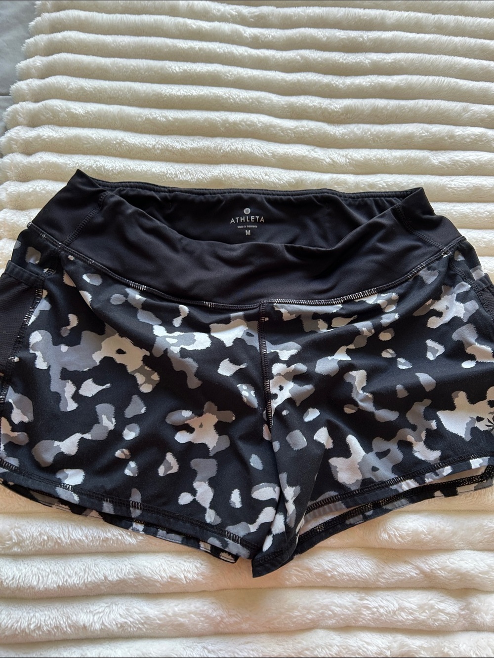Athleta Black & White Camo-Print Athletic Shorts